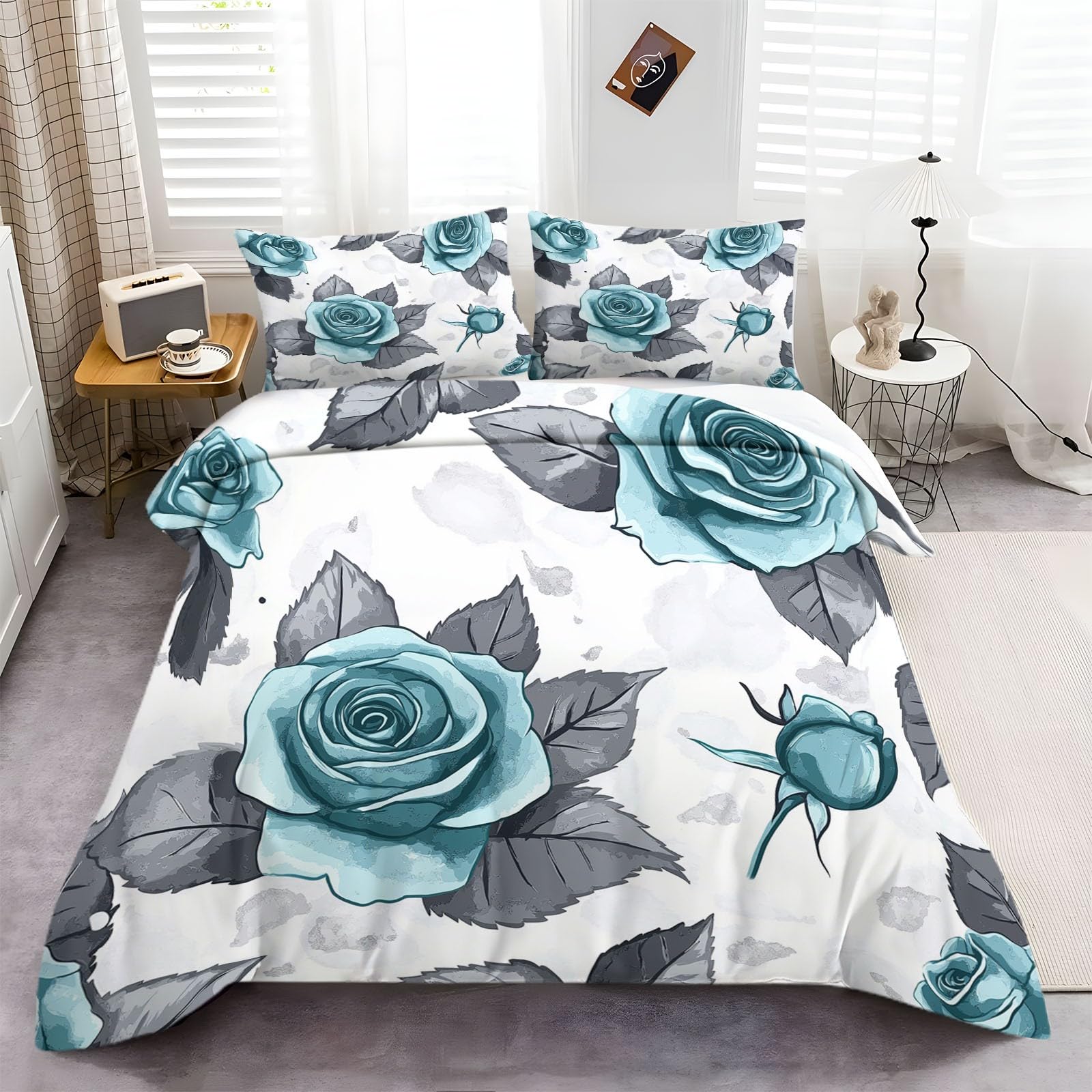 Funda nórdica 150 x 200 cm, Juego de Ropa de Cama para Rosa Gris Turquesa 3 Piezas, Incluye 1 Funda nórdica y 2 Fundas de Almohada 50 x 75 cm