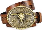 SANSTHS Cowboy Belts pour hommes Femmes, ceinture en cuir occidental avec gros boucles Pays mexicain Black Longhorn Bull Ceinture pour Jeans