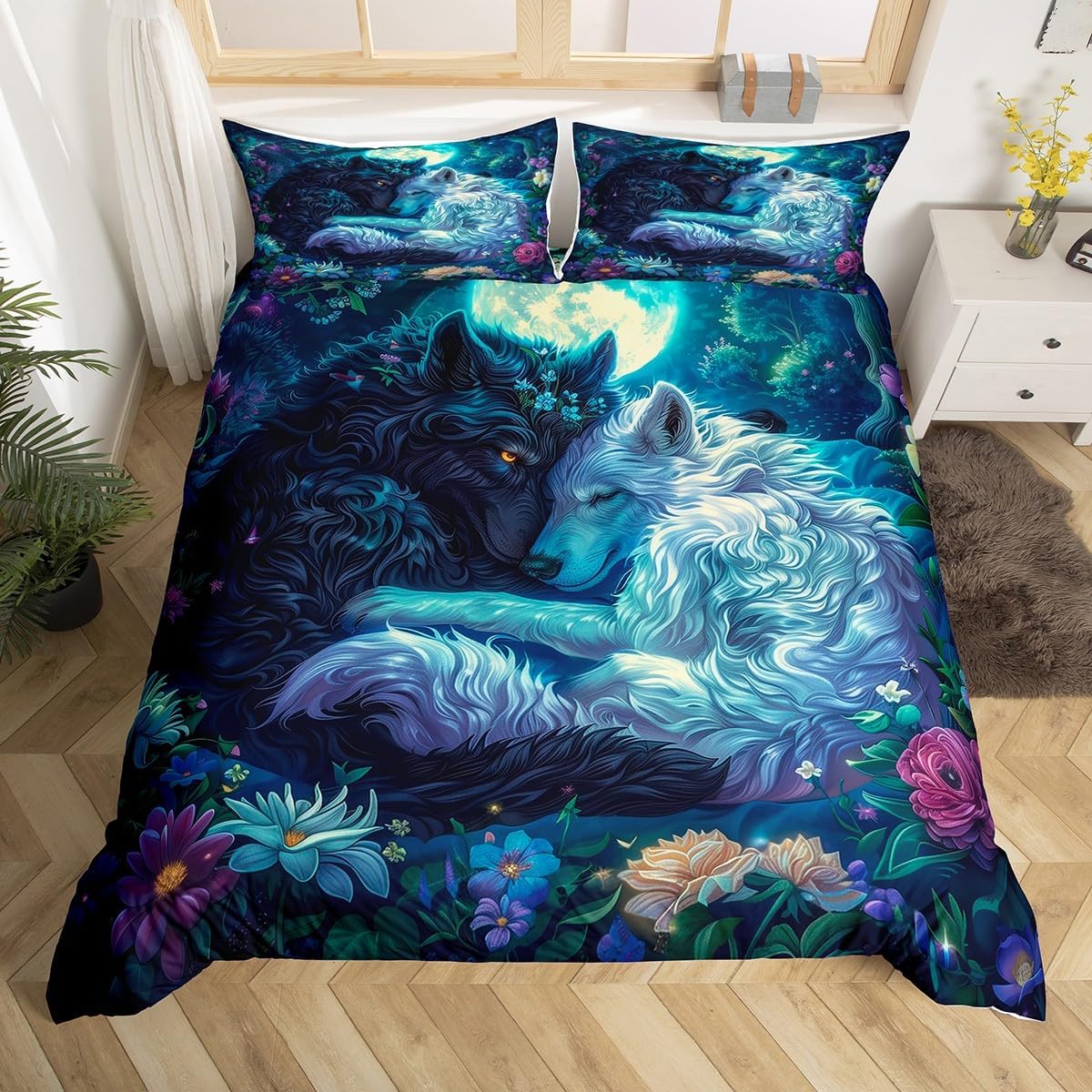 Wolf Couple Duvet Cover Twin Size,Moon Night Starry Sky Bedding Set,Kids Girls Teens Boys Room Decor,Watercolor Flower Plants Comforter Cover Nature Wild Animal Quilt Cover,1 Pillowcase(No Comforter)