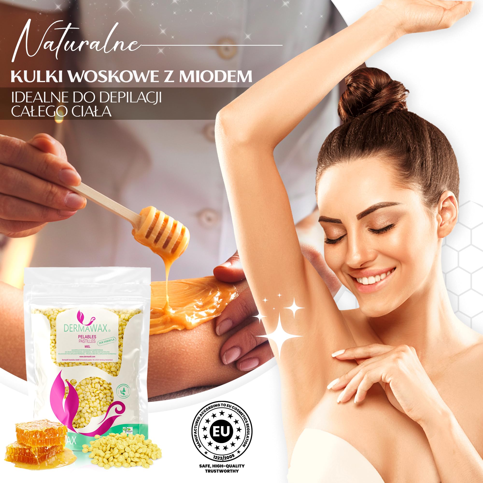 Wosk naturalny miód, wosk filmowy, perły woskowe premium, bez pasków woskowych, do depilacji, depilacji, depilacji całego ciała, nóg, twarzy i ramion