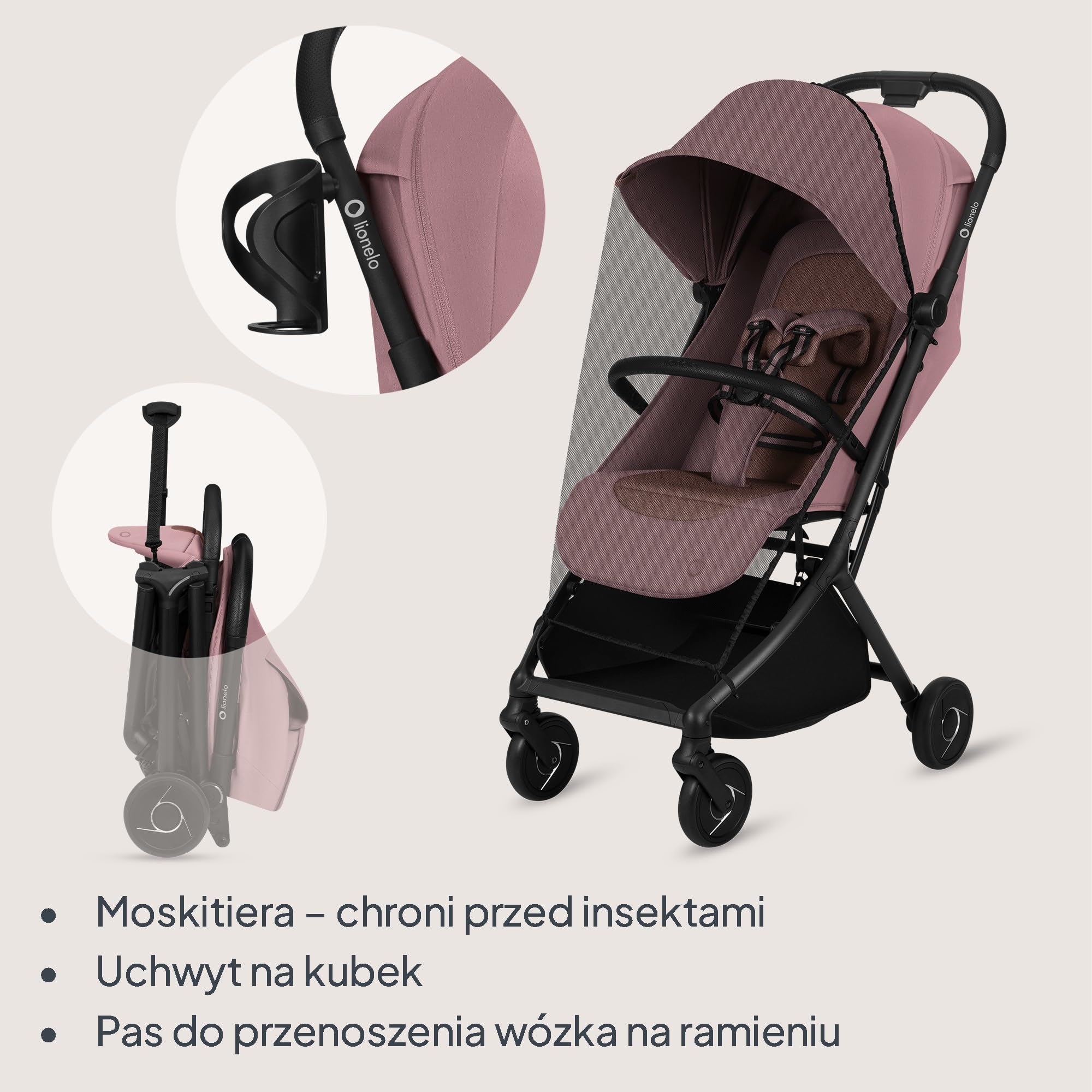 Lionelo Wózek dziecięcy Sia kompaktowy do 22 kg, składany i stojący, lekki 5,9 kg, leżący kaptur XXL UPF50+ wodoodporny, zawieszenie przednie, klamra magnetyczna duży kosz 3 kg