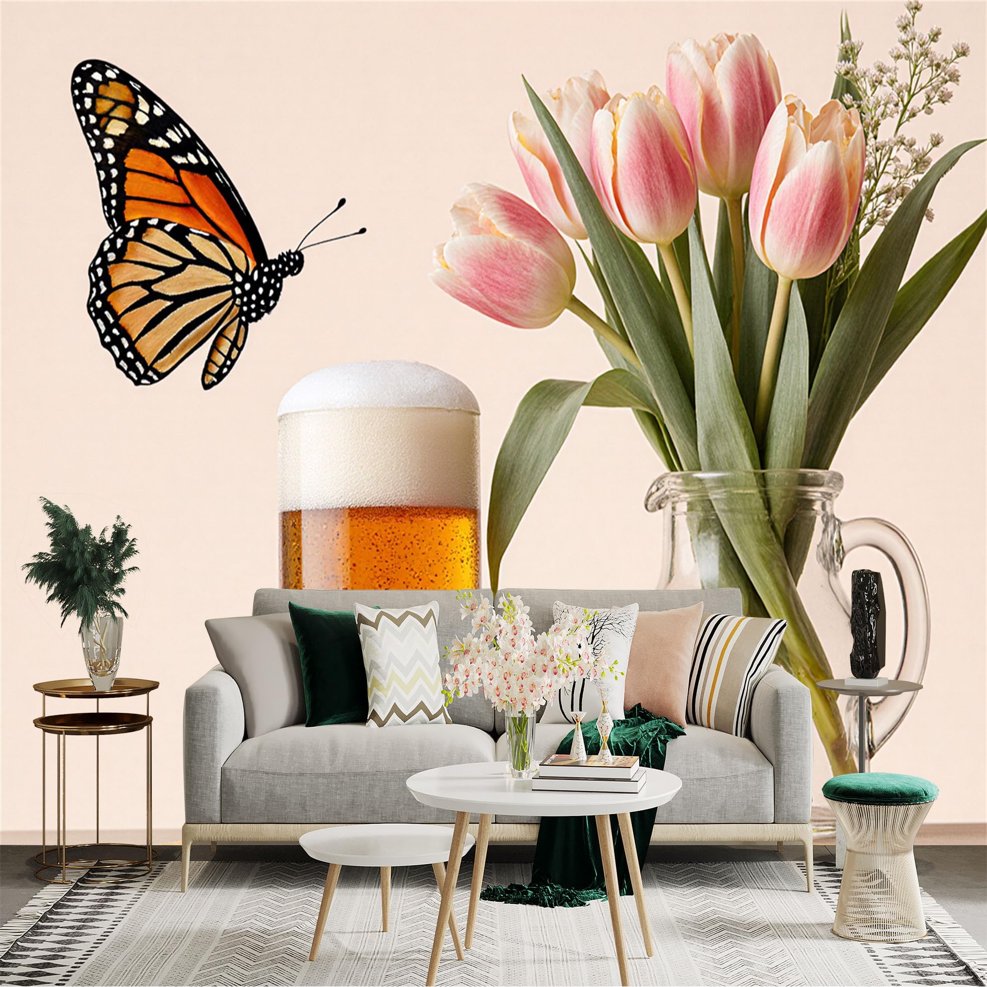 Custom Size Wall Sticker Mural， Orange Butterfly， Pink Tulips Bouquet， Frothy Beer Glass， Elegant Coffee Cup， for wall Decoration， peelandstick wall Decals.