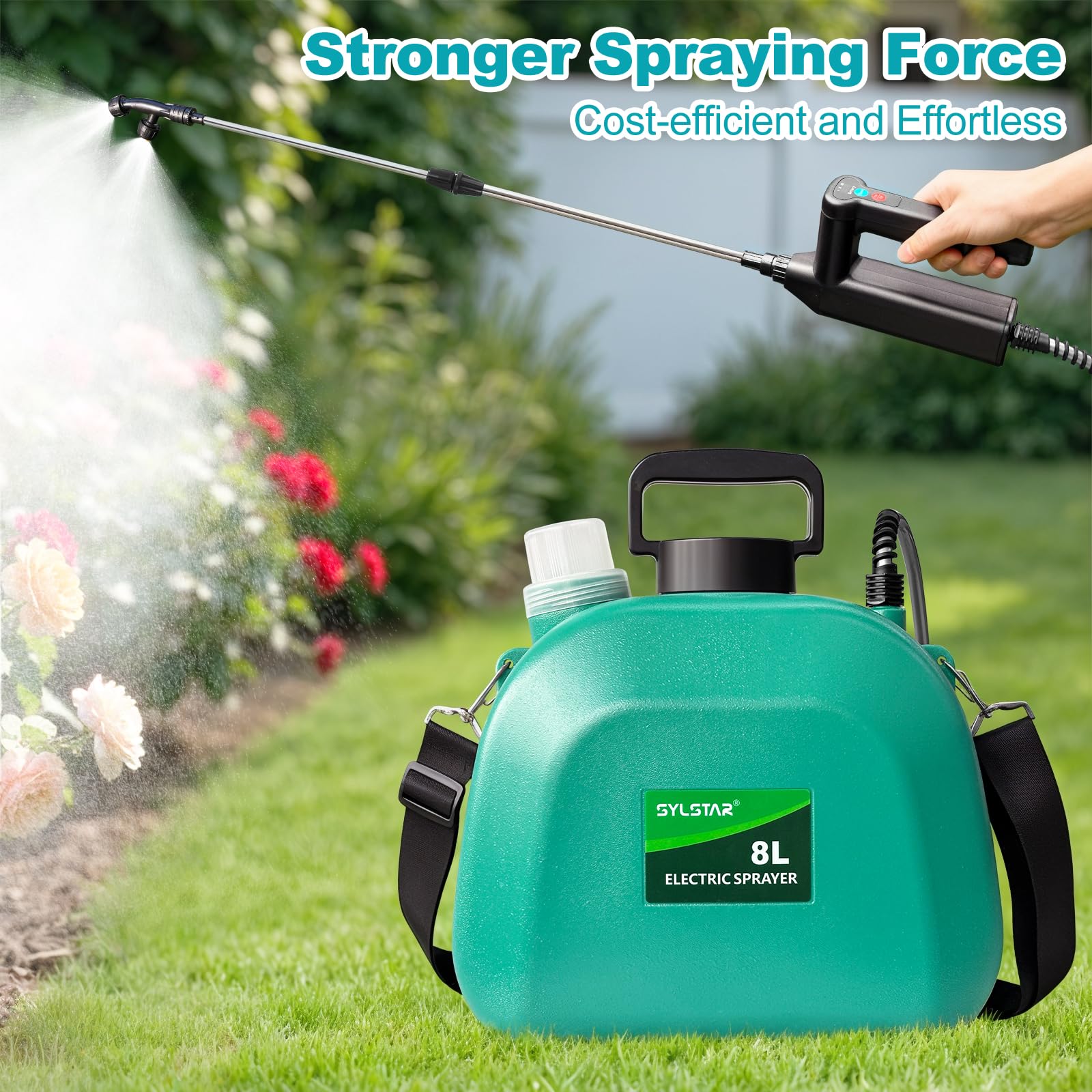 SYLSTAR Pulverisateur Electrique 8L 7.4V Jardin avec 4 Buses Reglables 3 Vitesses Canne Telescopique