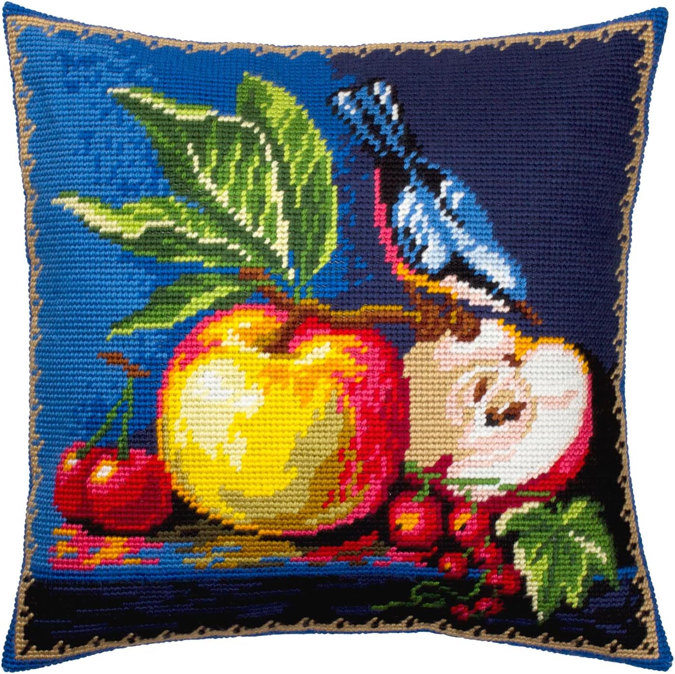 Brvsk Blue Needlepoint Kit for Adults and Beginners — Red-flanked bluetail and Apples 16″ × 16″ with Clear, Precise Printed Design on Cotton Canvas; Includes 2 Needles, Yarn, and Easy-Read Chart