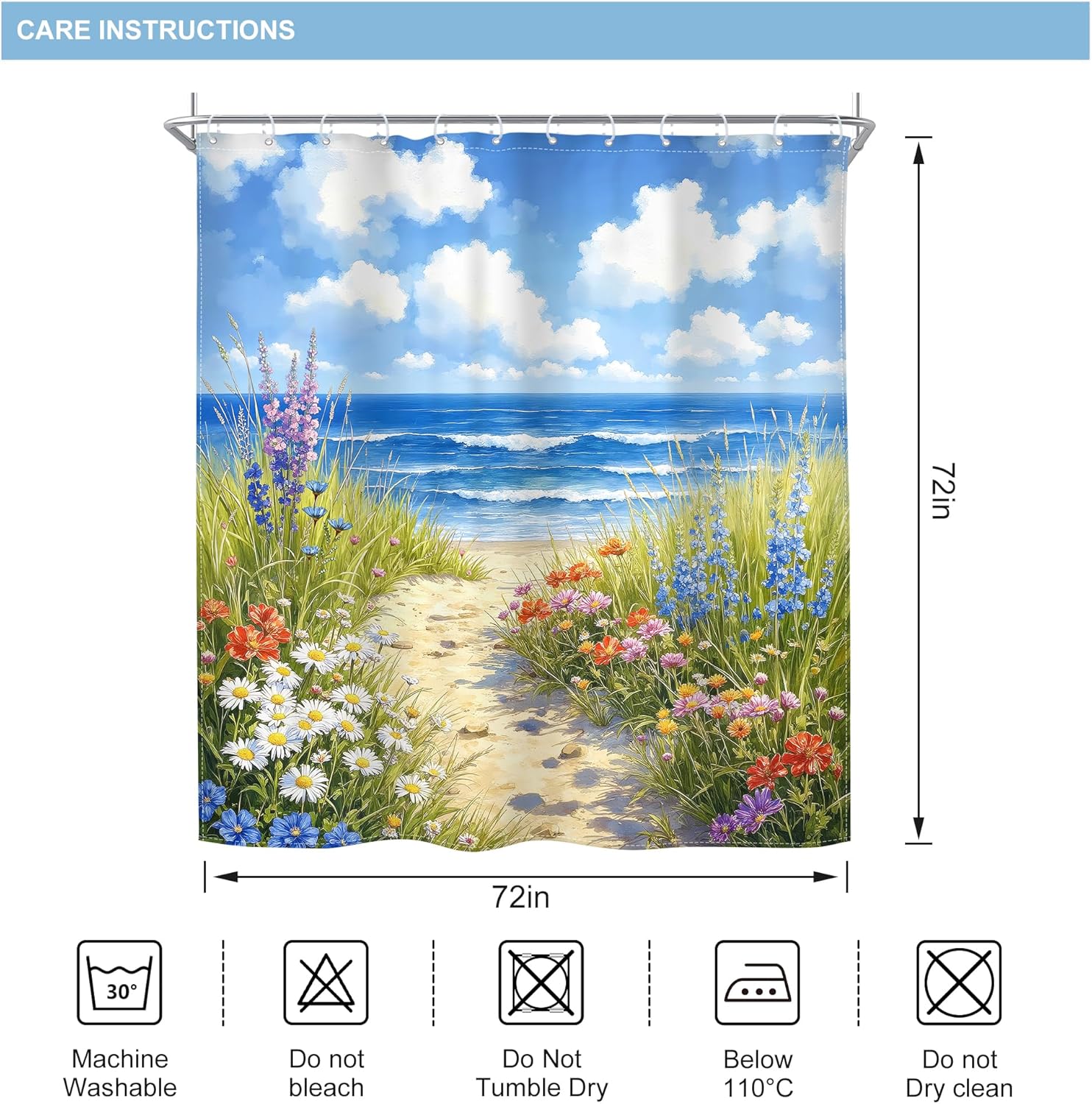 Riyidecor Ocean Beach Dark Blue Shower Curtain Spring Watercolor Floral Wildflower Path Blue Sky Cloud Seaside Scenery 72Wx72H Inch Botanic Fabric Decor Bathroom Polyester Waterproof 12 Pack Hooks