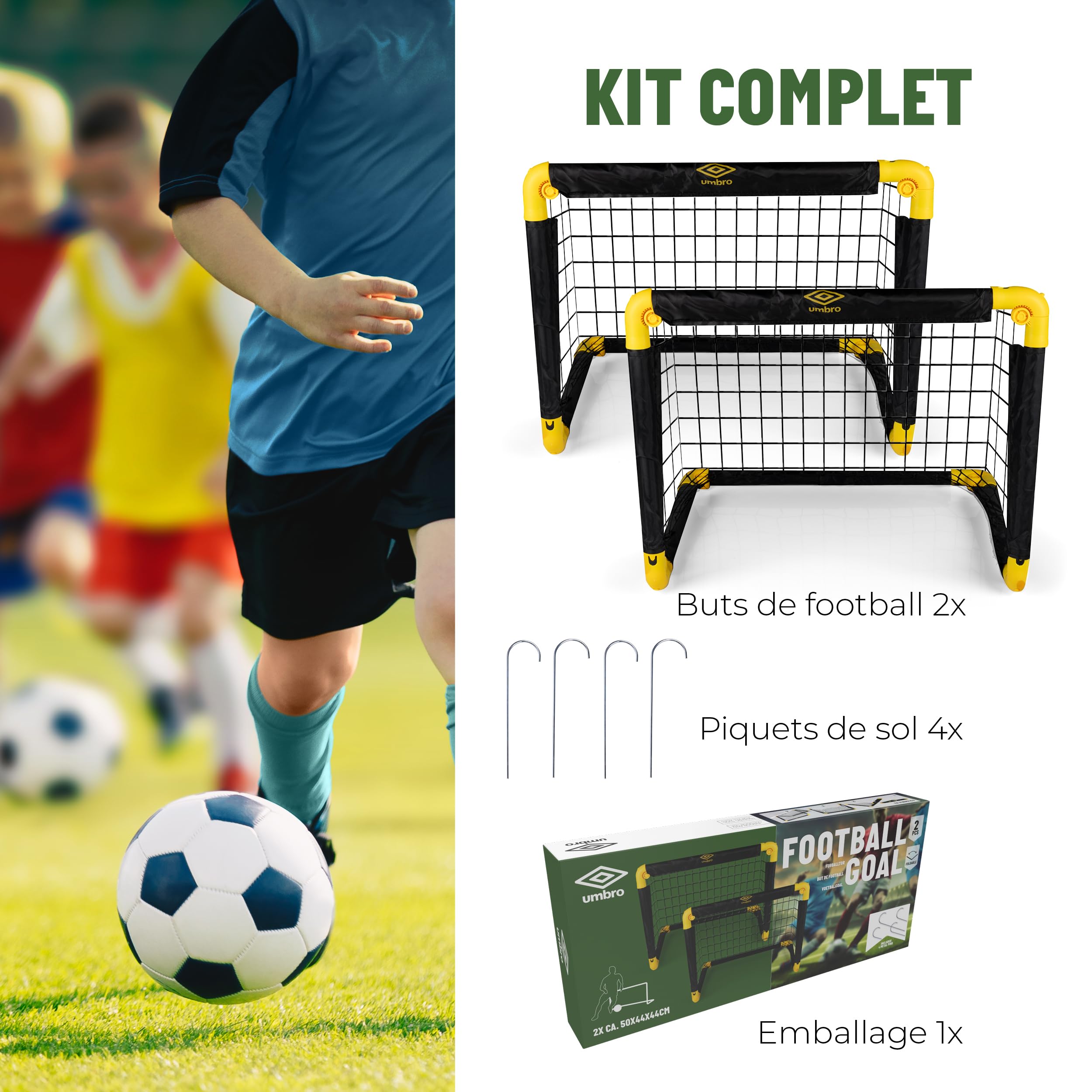 Umbro Cage de Foot 50x44x44 cm Ensemble 2 Buts Pliable Kit Entrainement Football Enfants Adultes Exterieur Interieur Noir/Jaune