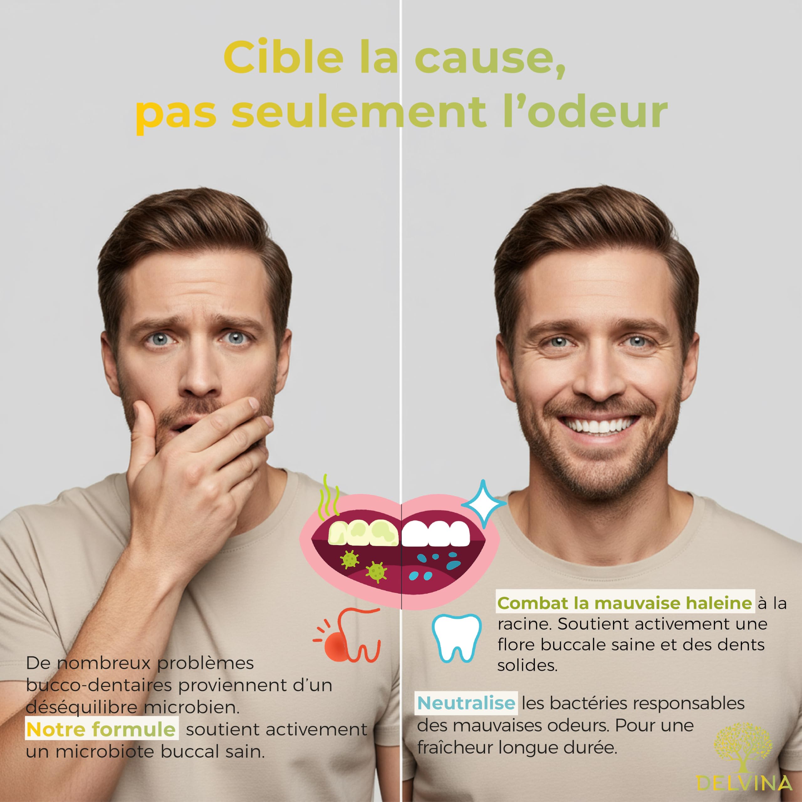 Lutter Contre la Mauvaise Haleine - 90 Pastilles végétaliens pour l'Hygiène Bucco-dentaire sans Bain de Bouche - Haleine Fraîche - Cultures Bactériennes avec Vitamine D3, Citron, pour 90 jours