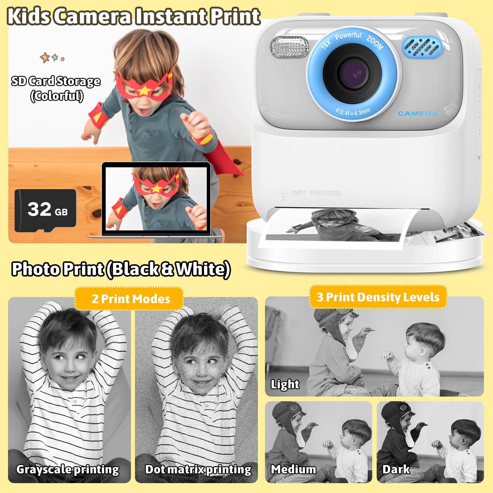 Camara Fotos Infantil Instantanea, 2.4'' HD 1080P Cámara de Fotos Instantánea para Niños con Tarjeta de 32 GB y 3 Rollos de Papel de Impresión, Regalo para Niños y Niñas de 3 a 14 Años, Blanco