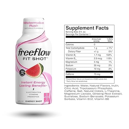 Miniatura 2 de Freeflow Fit Energy Shots, Watermelon Rush, impulso natural de cafeína con L-teanina, ginseng, vitaminas, prebióticos, electrolitos (6 unidades,
