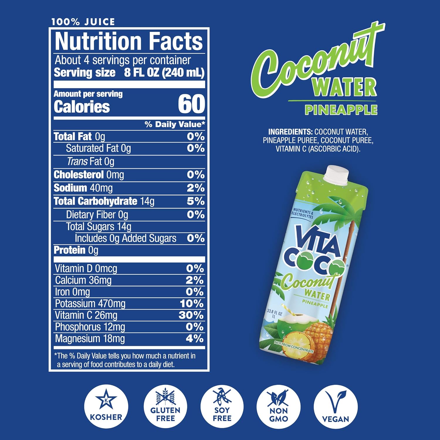 Vita Coco Coconut Water, Pineapple - Naturally Hydrating Electrolyte Drink - Smart Alternative to Coffee, Soda, and Sports Drinks - Gluten Free - 33.8 Ounce (Pack of 12)