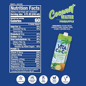 Vita Coco Coconut Water, Pineapple, 33.8 Ounce (Pack of 12)