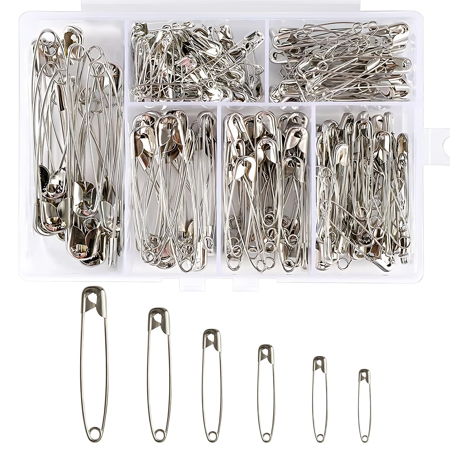 ELNX 250 Pcs Safety Pins | 6 Sizes Durable Nickel Plated Small Large Pins for Clothes Art DIY Crafts Home Office (Silver)