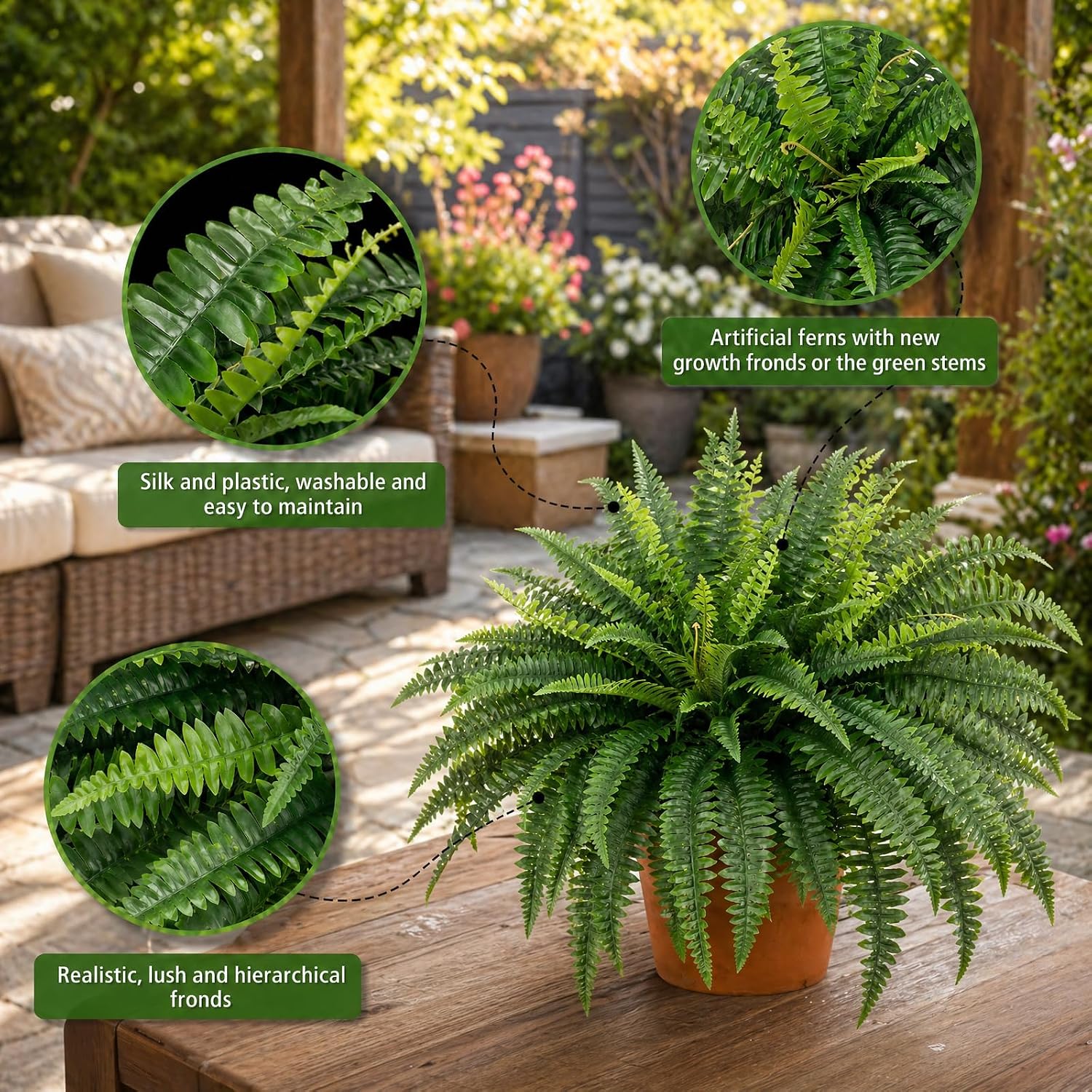 45" Fake Ferns, Realistic Large Artificial Bush Plants, 2 Artificial Boston Ferns with 60 Fronds for Outdoors Planter Indoor Home Garden Porch Decor (2 PCS)