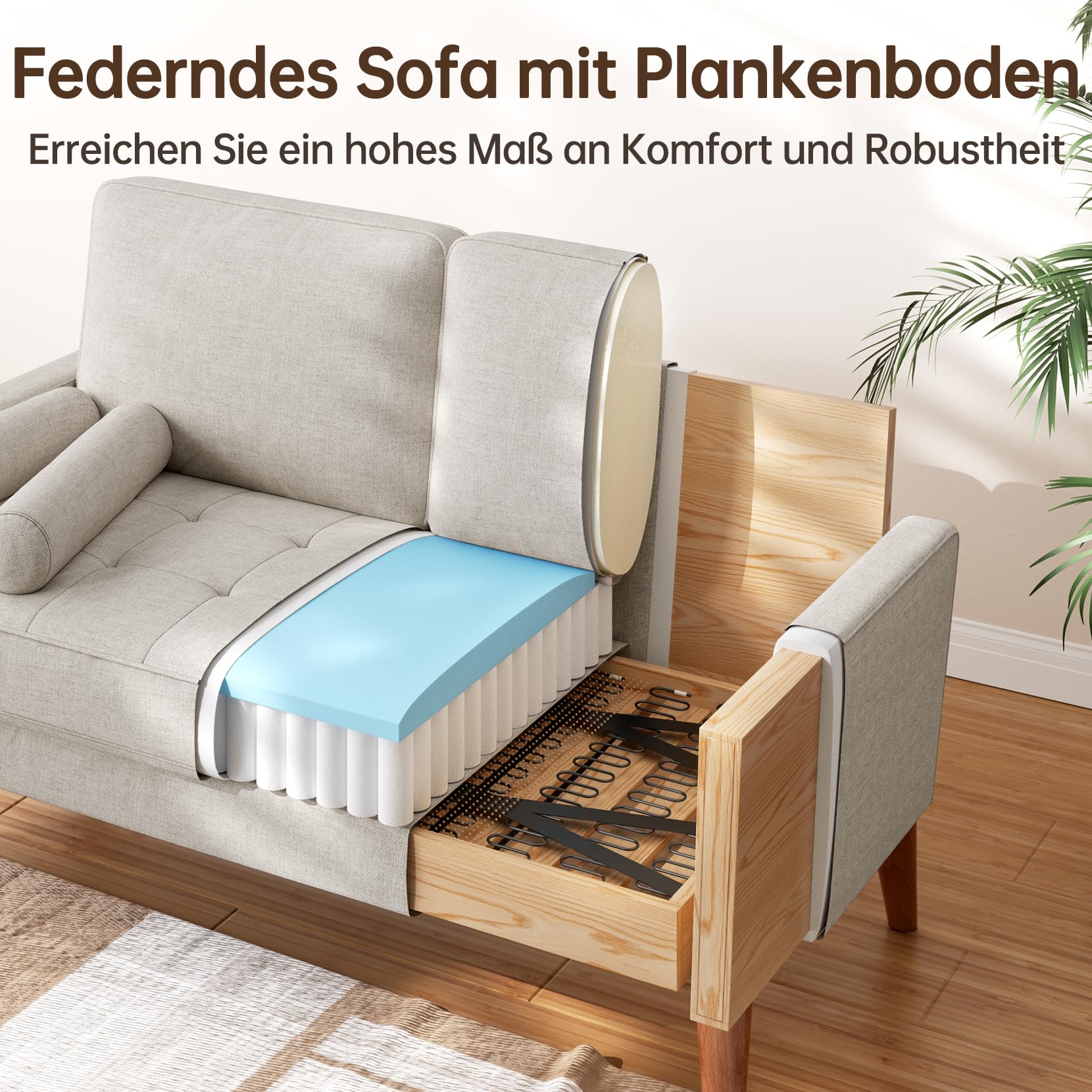 Vesgantti Sofa 2-Sitzer, 121 cm, Stoffcouch, Beigegrau, Couch 2 Sitzer mit 2 Wurfkissen, Kleine Stoffcouch mit Armlehne, Knöpfe Sitzkissen Gästesofa für Wohnzimmer/Wohnung/Büro