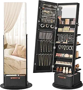 SONGMICS 360° Swivel Mirrored Jewelry Cabinet with Lights, Full-Length Mirror with Jewelry Storage, Standing Jewelry Armoire Organizer, with Large Storage Basket, Christmas Gifts,Ink Black