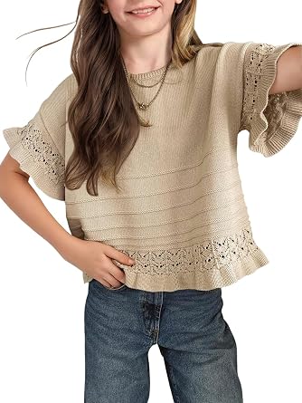 Girls Spring Cropped Tops Teen Fashion Sweater Fall Summer Short Sleeve Ruffled Crochet Kids Casual Pullover Top