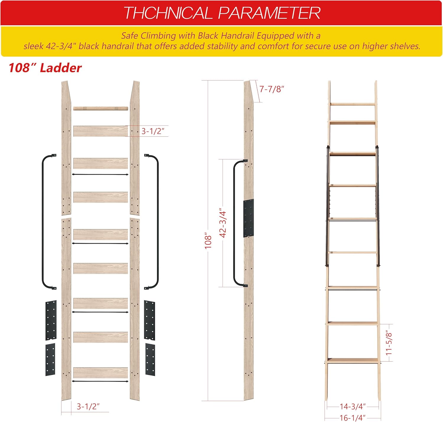 108in Attic Rolling Library Ladder, 9 Step Wooden Ladder with,Ladder Bookshelf,Wall Stairs Red Oak Stair Platform Bunkbed Ladder,for Home Kitchen,Warehouses,Bookstore,DIY Stain