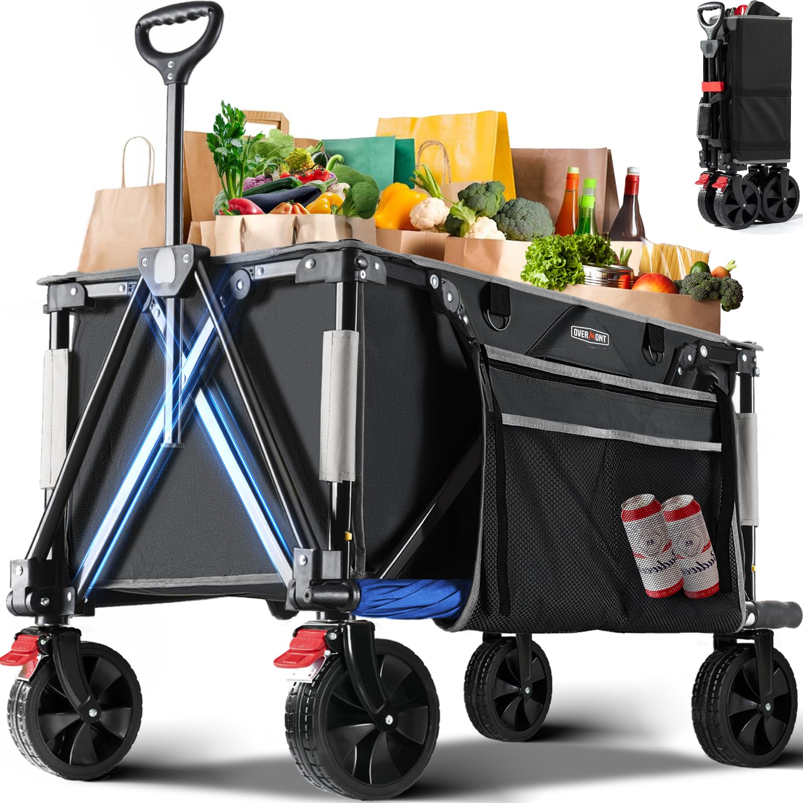 Overmont Collapsible Foldable Wagon Cart - Heavy Duty 150L Large Capacity Folding Utility Wagon Grocery Cart for Camping Grocery Sports Shopping- 330lbs Load