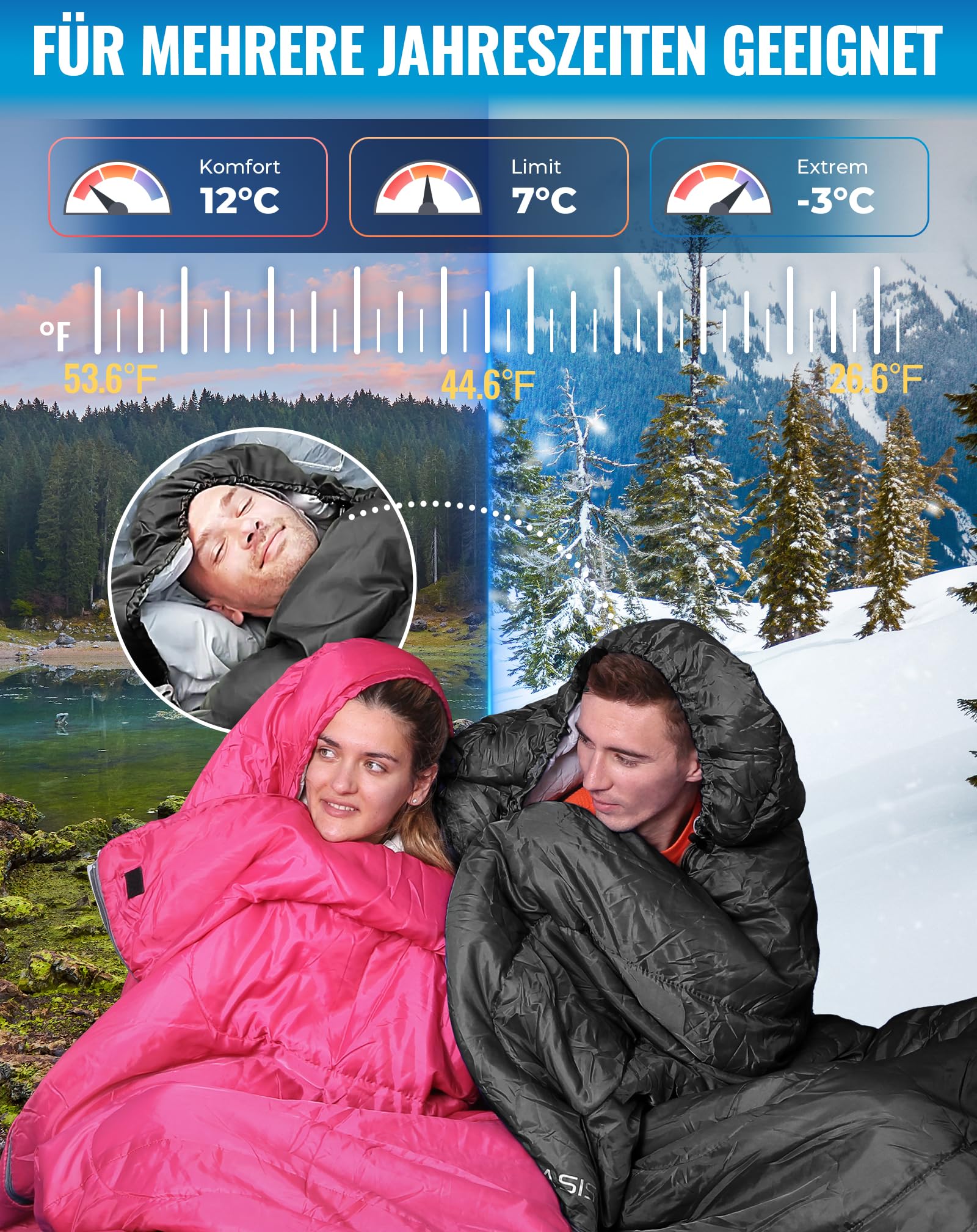 KingCamp Schlafsack für Erwachsene, kaltes Wetter & warm, XL, große und hohe Flanell-Schlafsäcke mit Kompressionssack, tragbar, wasserdicht, Zubehör für Outdoor-Camping