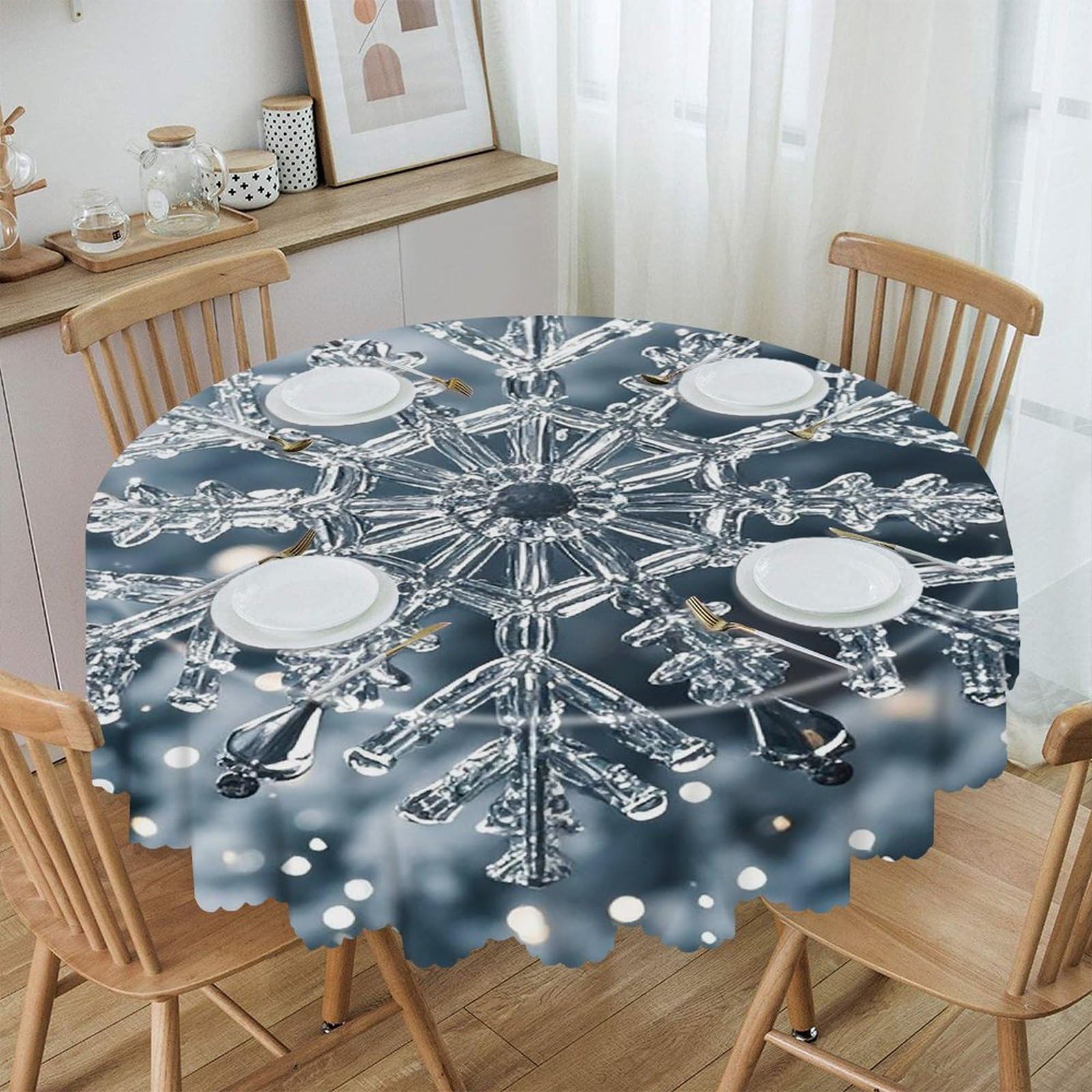 FekiLoot Transparent Snowflake Round Tablecloth 60 Inch Waterproof Heavy Duty Table Cloth Spillproof Washable Table Cover Wrinkle Resistant Tablecloths Decorative Table Cloths
