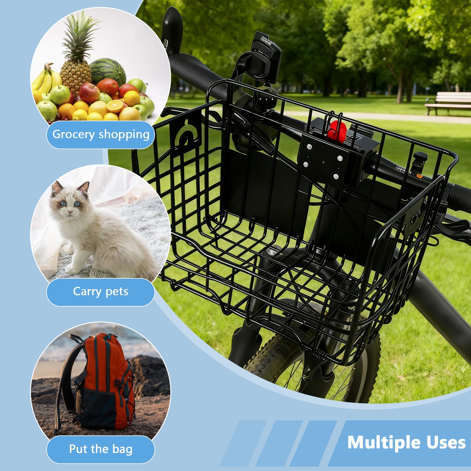 Kit cestino anteriore per bicicletta, a sgancio rapido, in metallo, staccabile, con borsa rimovibile per generi alimentari, animali domestici, biciclette