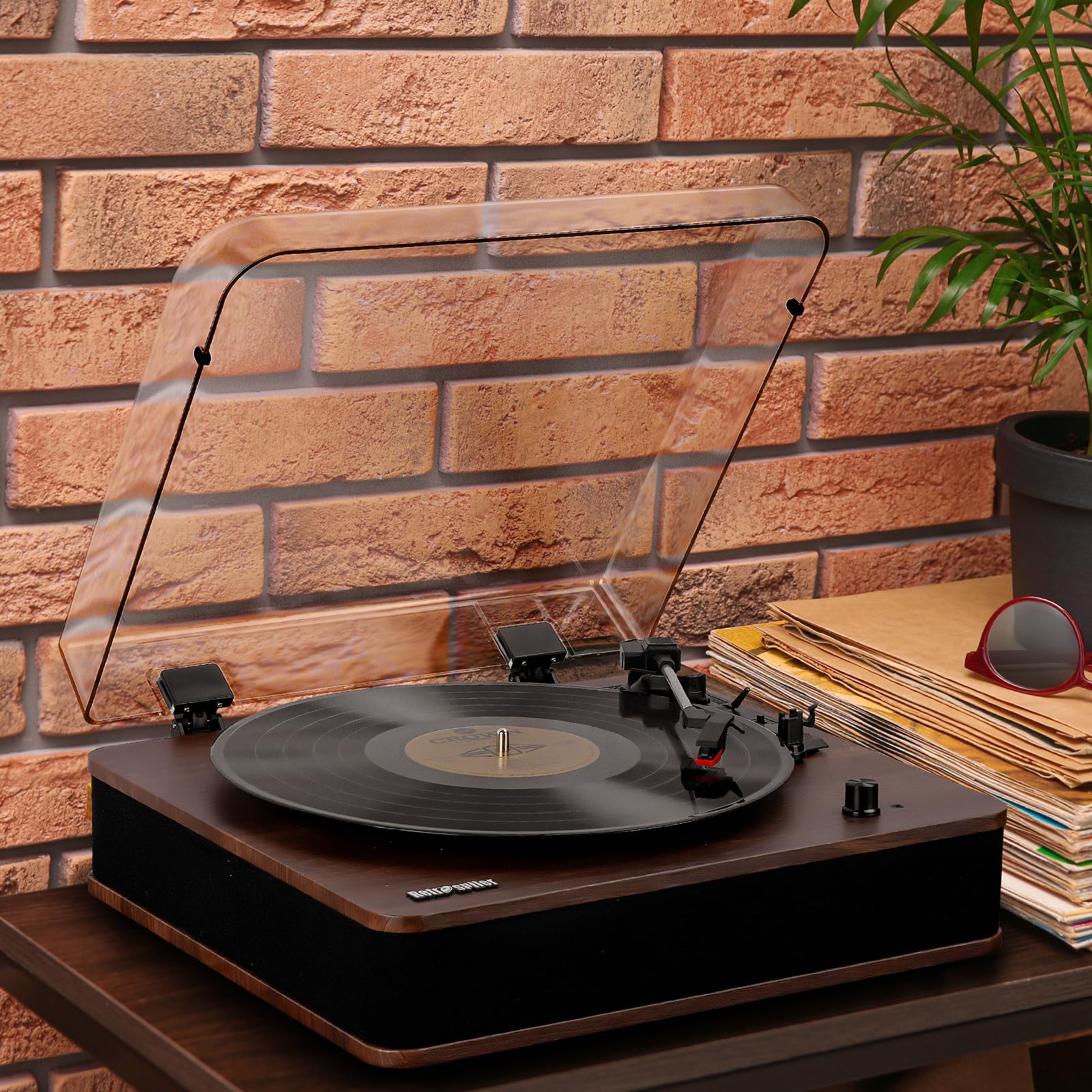 Giradischi, Giradischi Bluetooth Ingresso e Uscita con Altoparlanti Integrati, Radio FM, Registrazione Vinile-MP3, Riproduzione USB e SD, Schermo LED, Noce