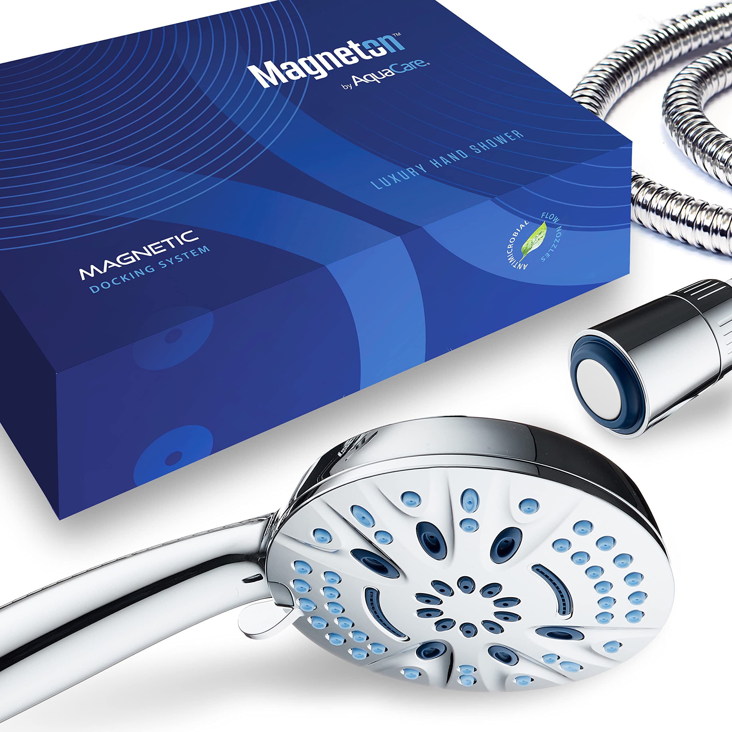 AquaCare Magneton by wysokociśnieniowa 8-trybowa ręczna głowica prysznicowa z magnetycznym systemem dokowania – 2 wsporniki magnetyczne, twarz 12,7 cm, higieniczne dysze, wąż ze stali nierdzewnej 1,8