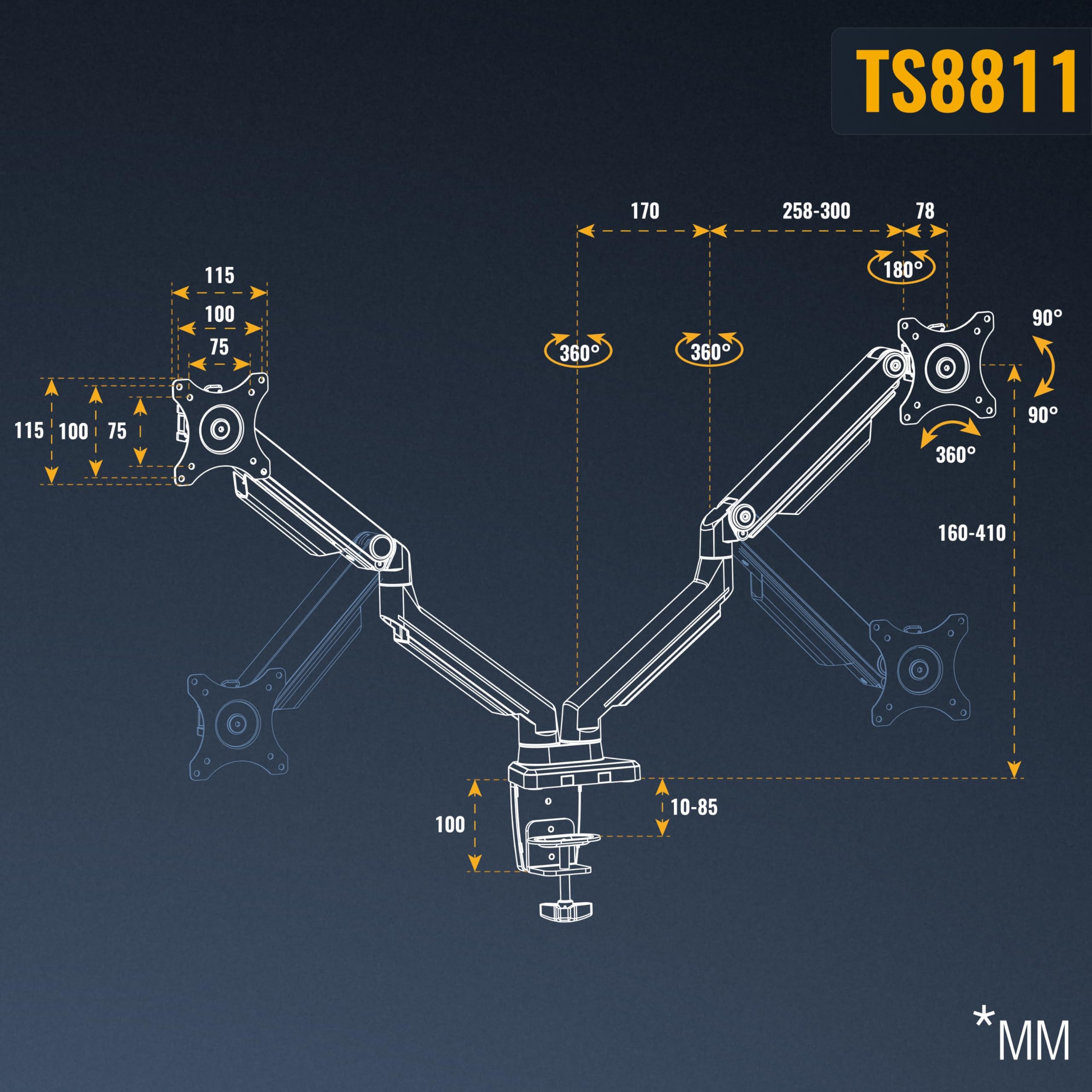 RICOO TS8811 Supporto monitor da scrivania 13-27 pollici per 13 27 pollici girevole inclinabile fino a 8 kg max VESA 100x100