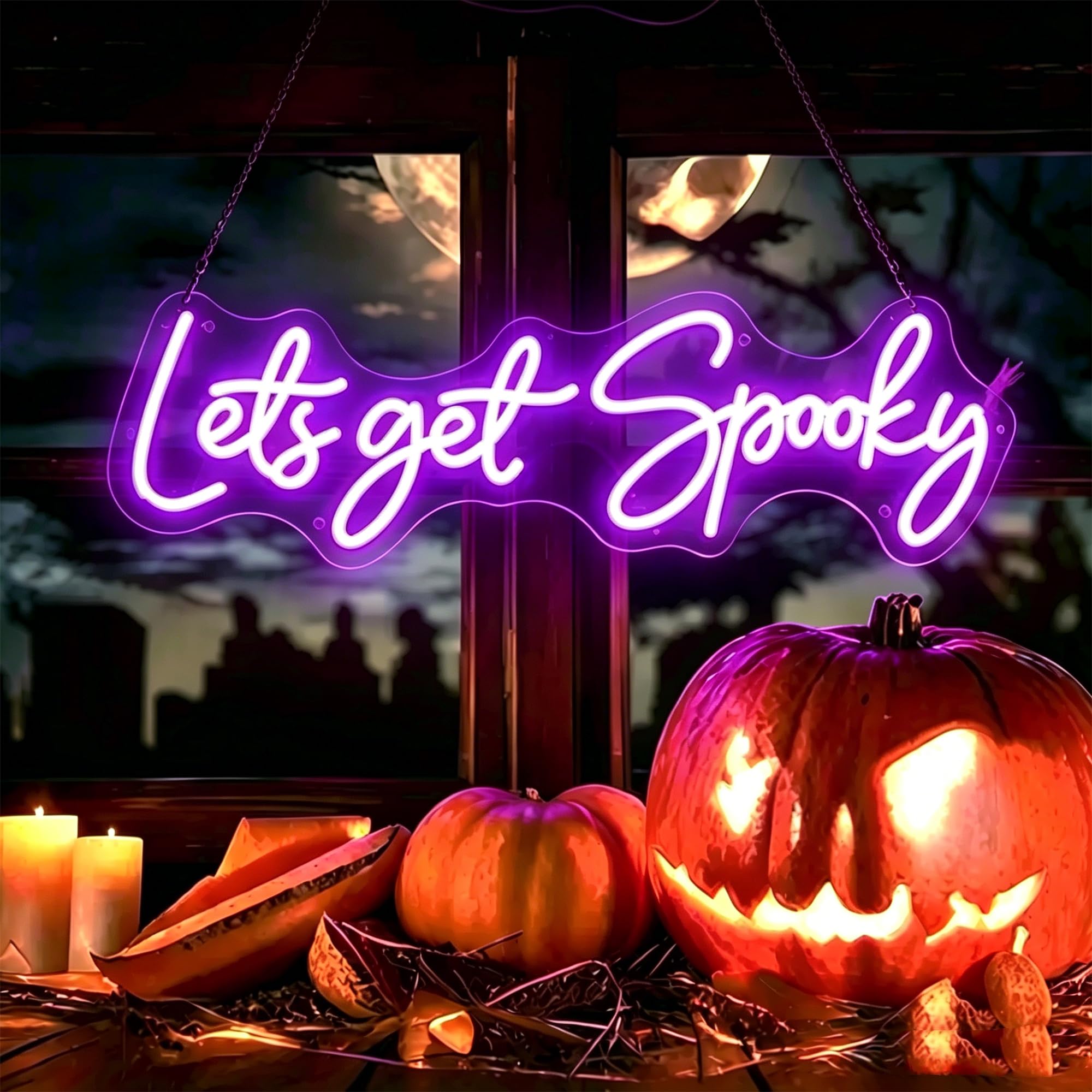 Let's Get Spooky Neon Sign Custom Halloween Signs, Dimmable LED Spooky Light Signs for Wall Decor Halloween Party, Gothic Room, Bar, Bedroom, Fireplace