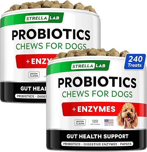 StrellaLab Golosinas de probióticos para perros para comedores exigentes, enzimas digestivas + prebióticos, suplemento de fibra masticable, alergia,