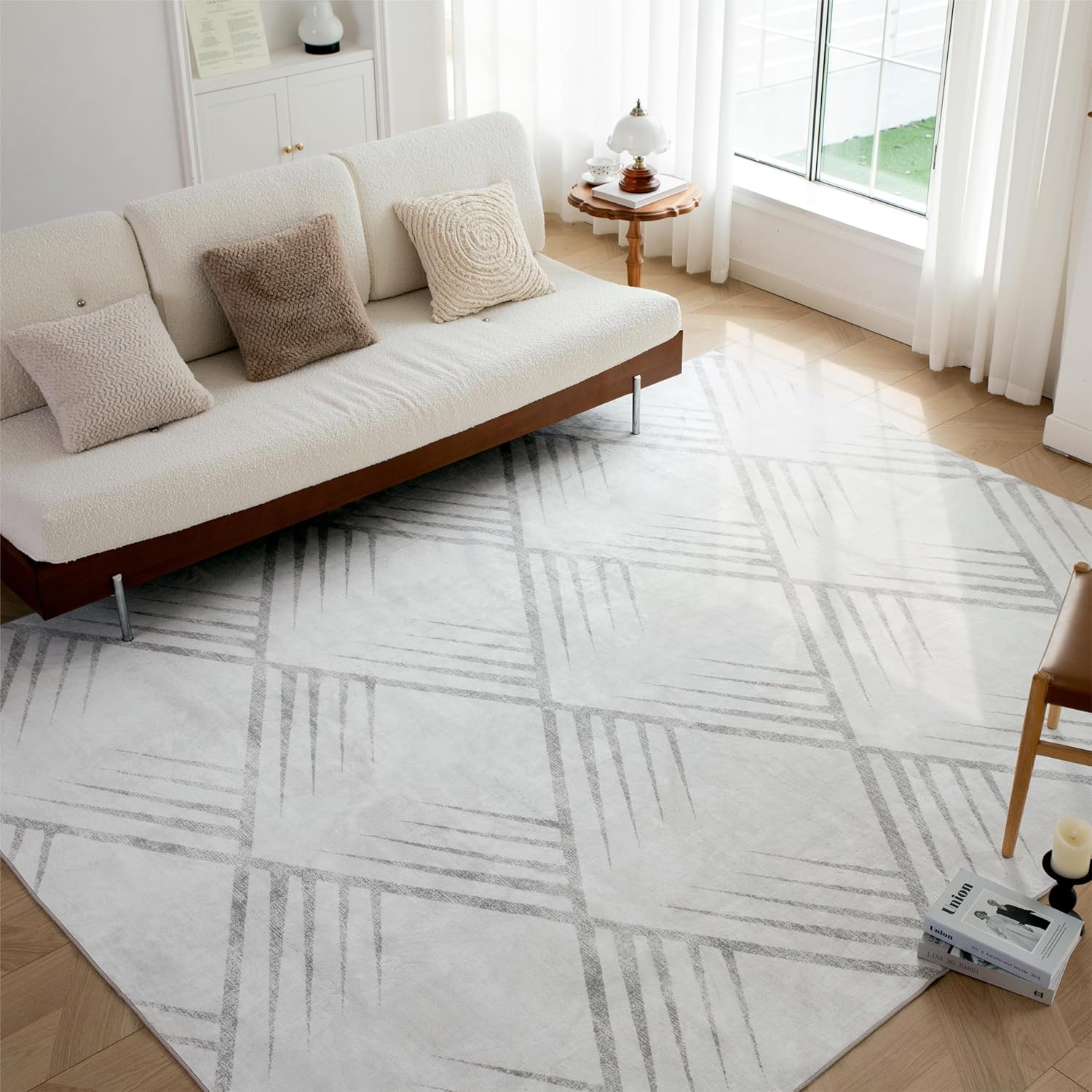 Syalife Boho Area Rug, Non Shedding 9x12 Washable Rug with Non Slip Backing, White Modern Geometric Carpet, Indoor Bohemian Thin Rug for Living Room Entryway Bedroom Kitchen - White White 9'x12'