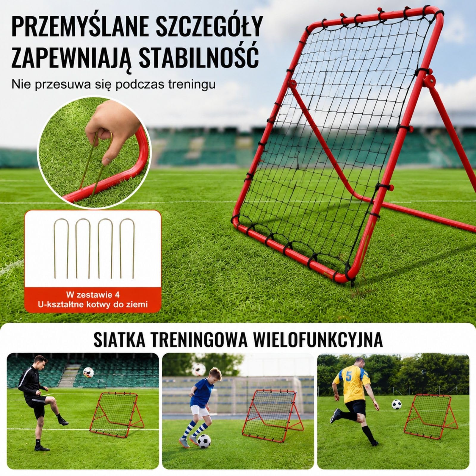 Siatka do odbijania piłki nożnej z czerwoną rurą żelazną, czarną siatką PE i regulowanym kątem do treningu