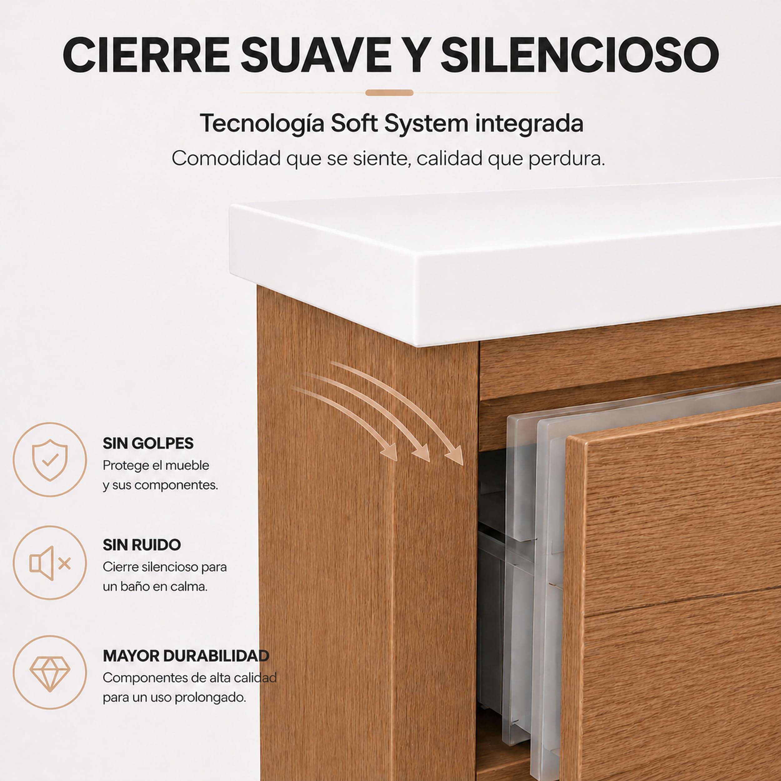 Mueble Baño con Lavabo sobre Encimera Y Espejo Mueble Suspendido De 2 Cajones con Cierre Suave Silent System Montado En Acabado Roble Gold 60 Cm Ancho 45 Cm Fondo 52 Cm Alto