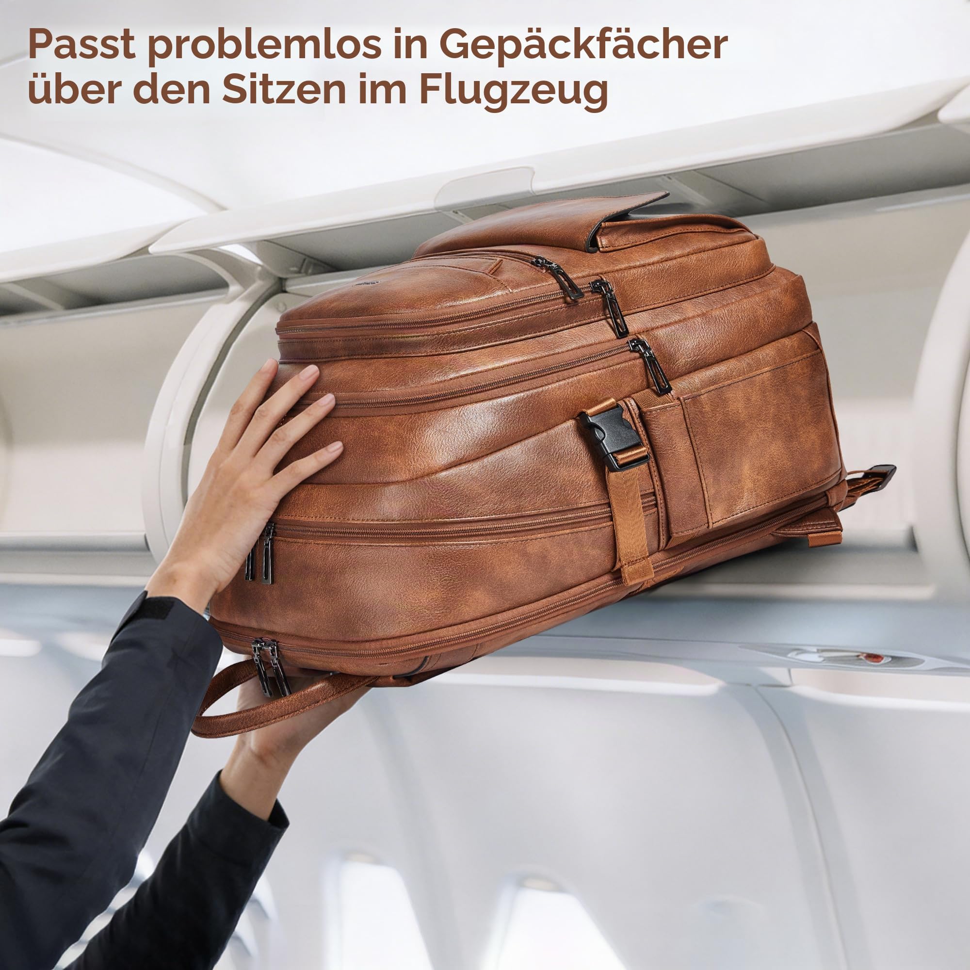Veganer Lederrucksack, Reiserucksack für Damen und Herren, passend für 17 Zoll Notebook mit Koffergurt, Braun