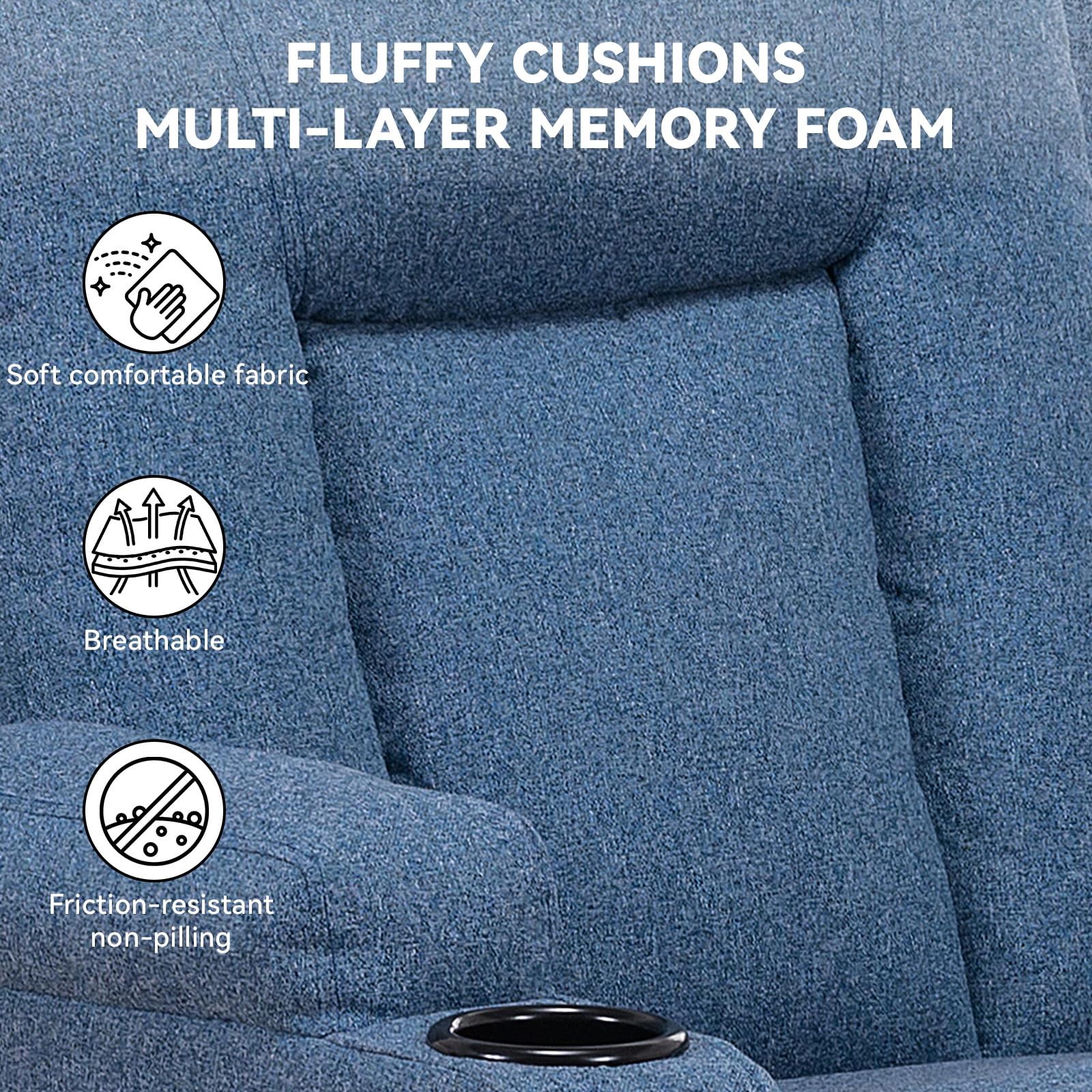 COMHOMA Poltrona Relax TV con Funzione Recliner Schienale Regolabile, Girevole a 360°, 2 Tasche Laterali e Portabicchieri, Blu, Tessuto