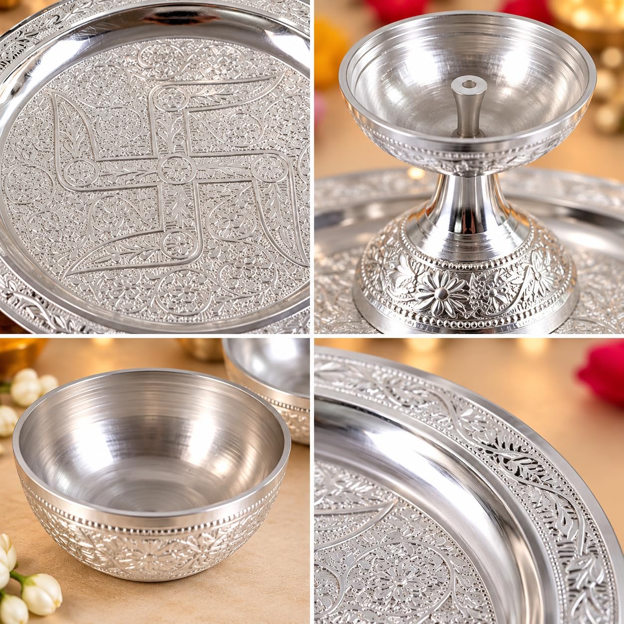 Silver Plated Pooja Thali Set with Diya & Bowls -6