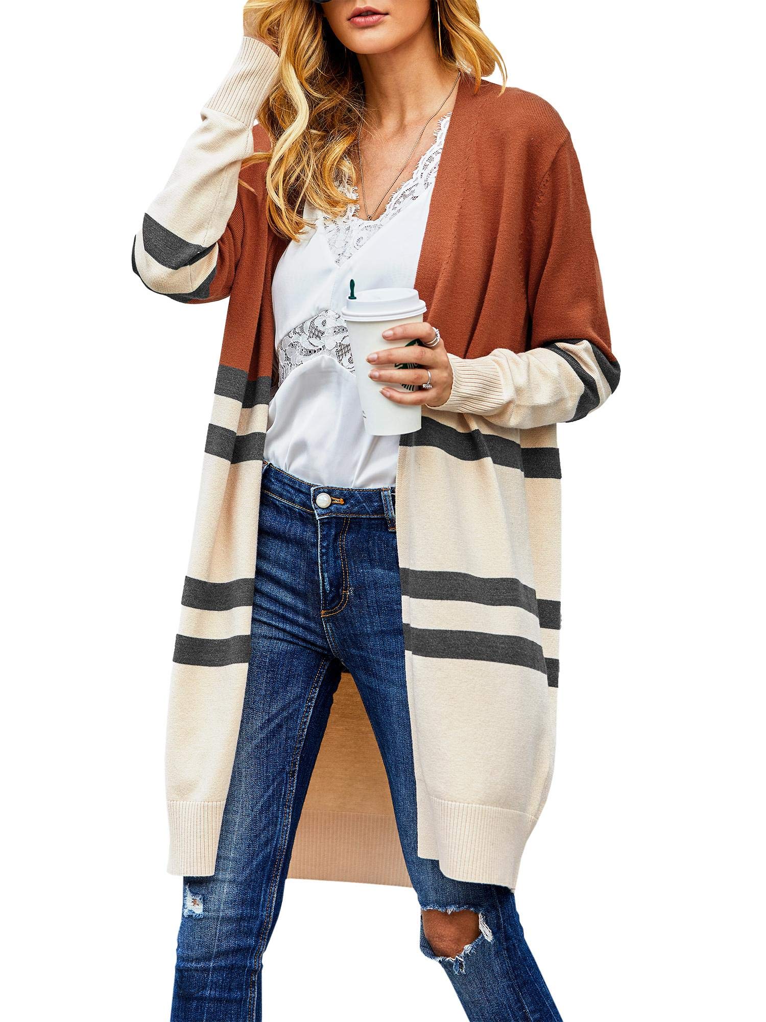 Womens Color Block Cardigan Sweaters Lightweight Boho Open Front