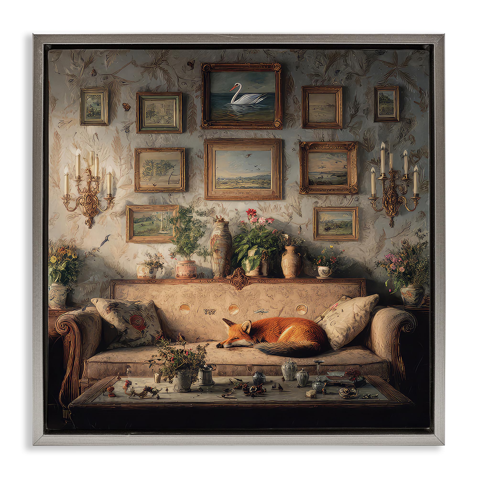 Stupell Industries Luster Gray (Matte) 'Vintage Parlor With Fox'| Floating Frame Canvas Art