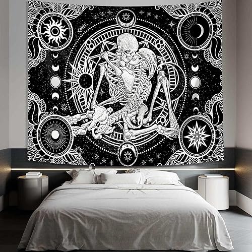 Miniatura 2 de Tapiz de calavera para dormitorio, decoración de pared gótica en blanco y negro, tapiz de luna, esqueleto de tarot, tapices de galaxia, el amante