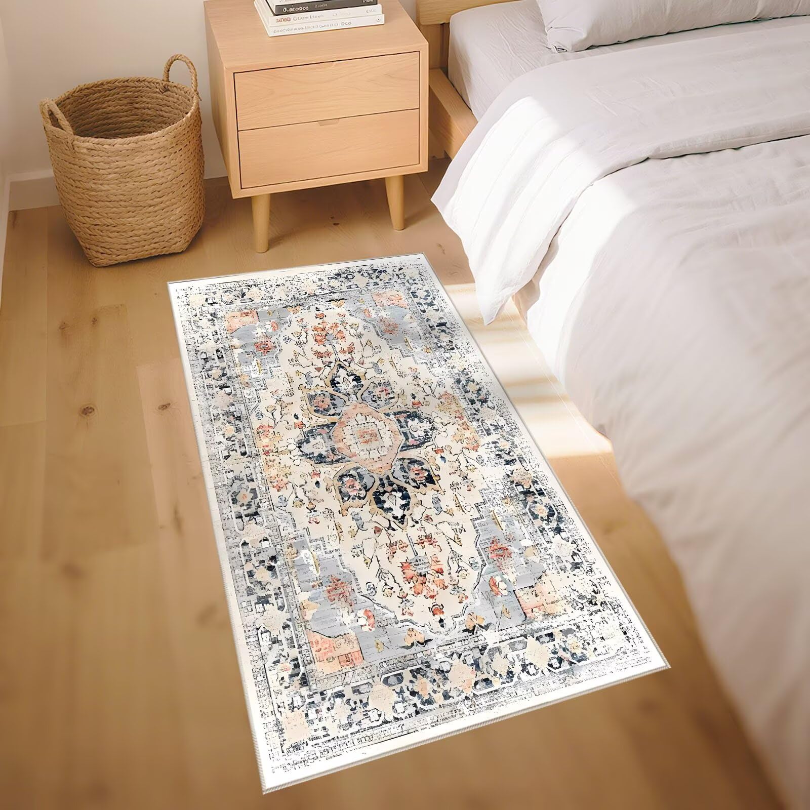 Teppana Waschbar Bettvorleger Schlafzimmer Teppich Blau 100x180cm, Weich Vintage Blumenmuster für das Wohnzimmer neben dem