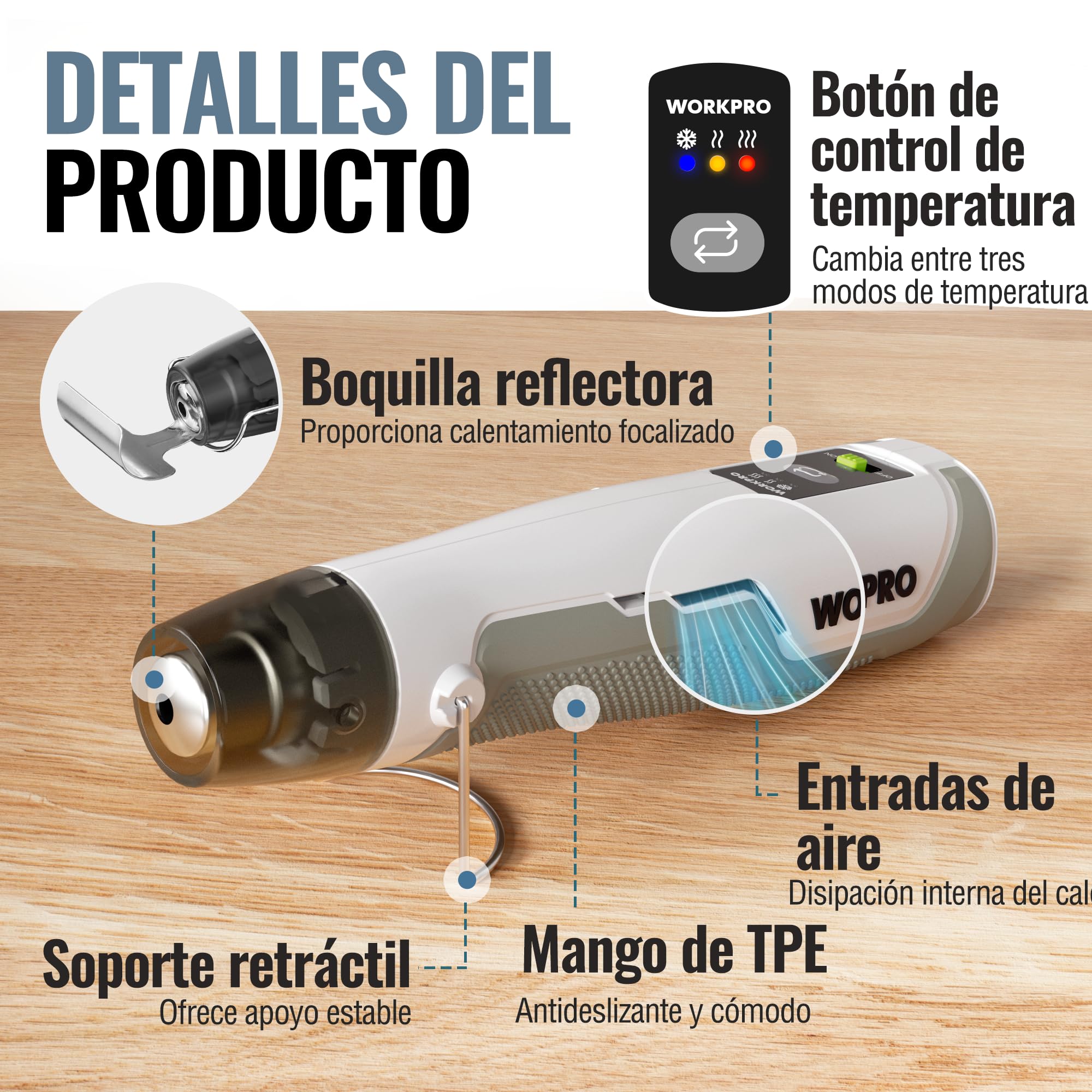 WORKPRO Pistola de aire caliente inalámbrica Mini, 3 ajustes de temperatura, calentamiento rápido con boquilla reflectora y 50 tubos termorretráctiles, ideal para bricolaje, repujado y manualidades
