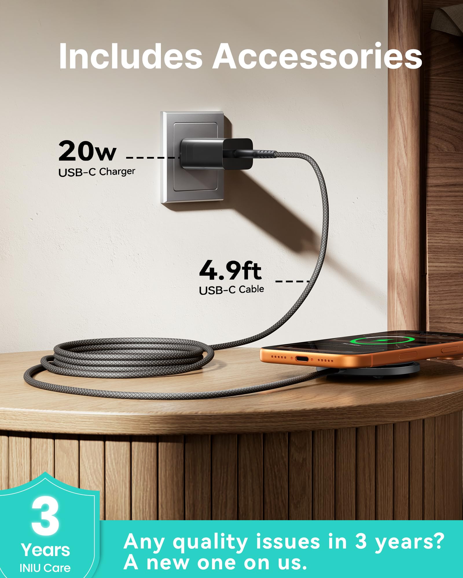 INIU Chargeur magnétique sans fil certifié Qi2 15 W avec rétroéclairage adaptatif et adapté au sommeil, chargeur pour iPhone 16 15 14 13 12, AirPods 4 3 Pro2 Pro (avec adaptateur)
