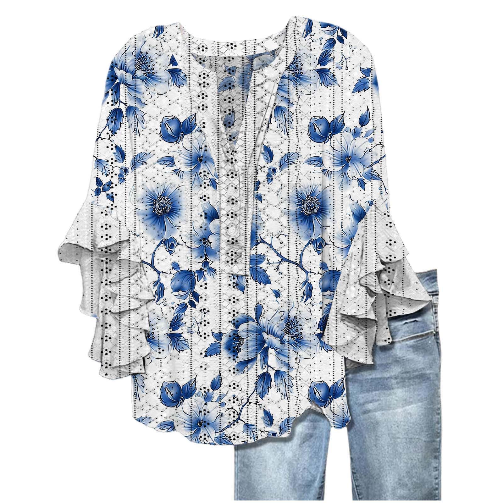 Women's Eyelet Tops V-Neck Ruffle 3/4 Sleeve Blouse Casual Loose Button Up Henley Shirts Boho Flowy Beach Clothes — view 9