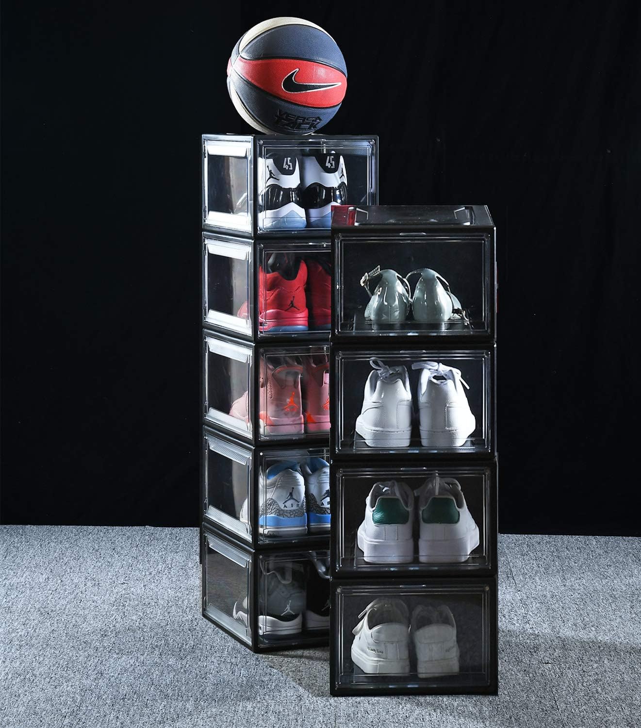 Altratech Shoe Organizer 6 Pack Drop-Front Shoe Box Large Size Shoe Organizer Stackable For Shoe Collection Display, Wide, Black