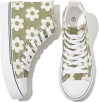 kufeiti Women's High Top Canvas Sneakers - Floral Lace-Up White Black Casual Walking Shoes for Comfort & Stability
