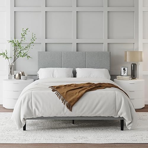 Miniatura 12 de Base de cama de tamaño matrimonial con cabecera tapizada, listones de madera resistentes, no requiere somier, silencioso, fácil montaje, color negro