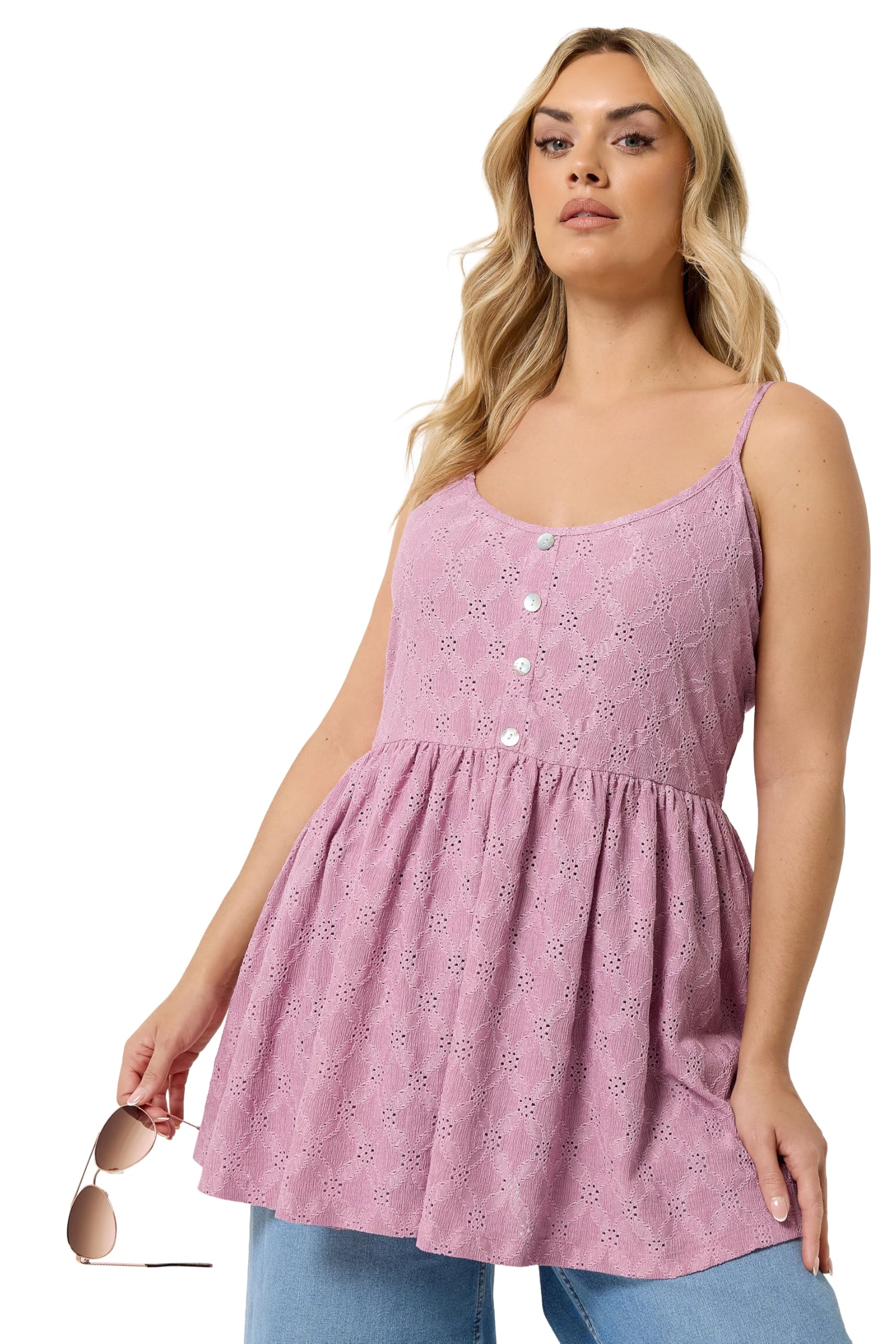 Yours Women's Light Pink Curve Pink Broderie Anglaise Peplum Top - Plus Size Curve