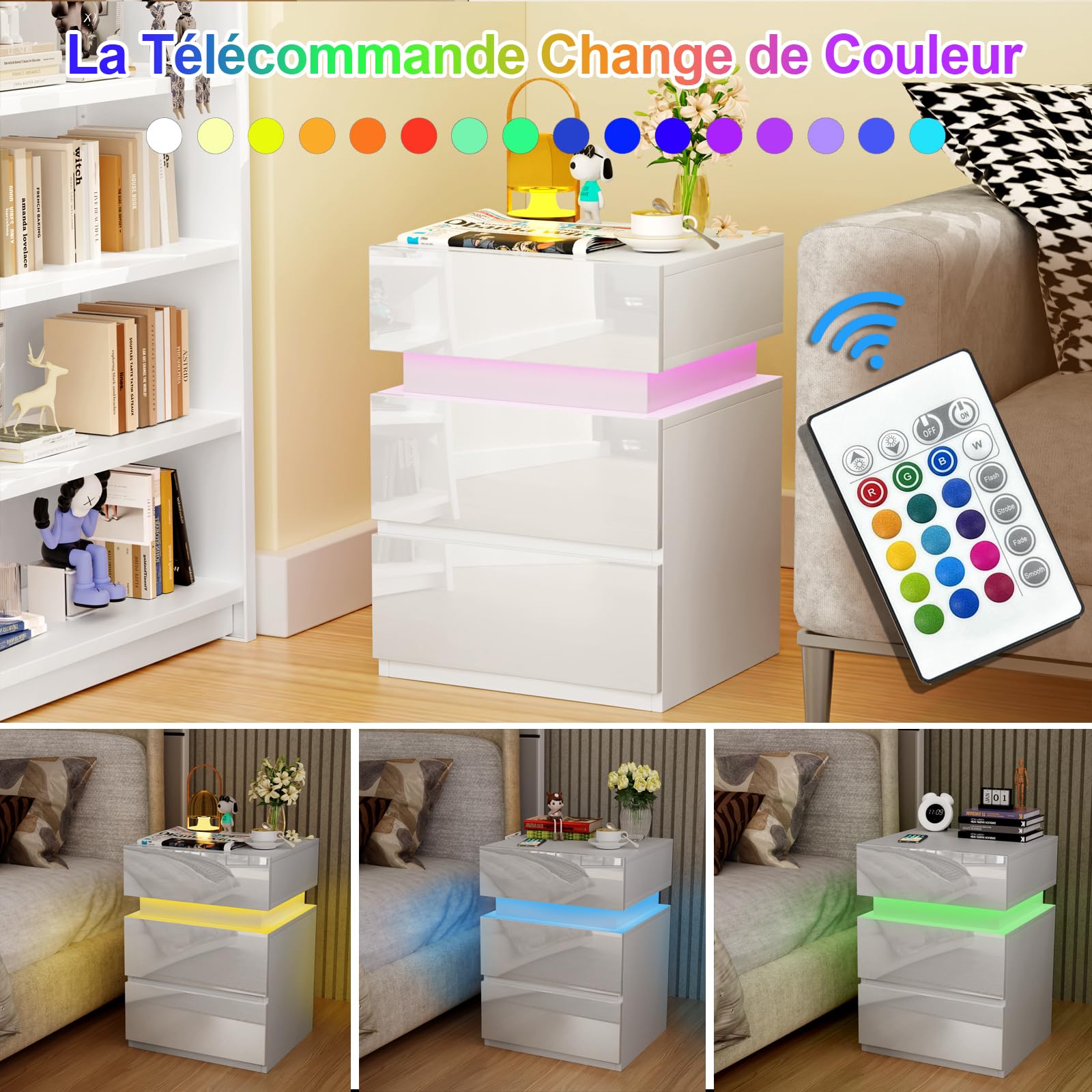 Table de Chevet LED, Table d'Appoint, Table de Nuit LED, Chevet de Lit avec 3 Tiroirs, 16 Couleurs LED RVB, Meuble de Rangement Compacte pour Salon, Chambre, Bureau, Moderne, Blanc