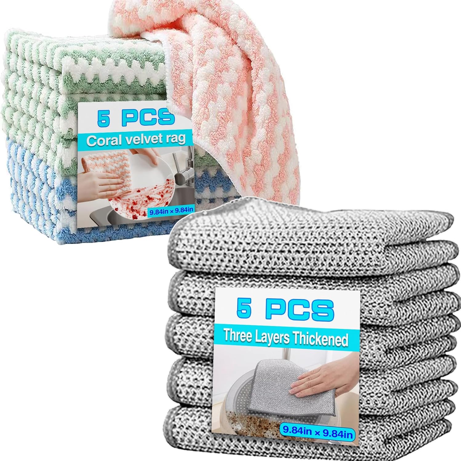 10-Pack Reusable Kitchen Dish Towels and Dishcloths Sets，Non Scratch Wire Dishcloth and Microfiber Cleaning Cloth ，Suitable for Cleaning Pots, Bowls, Kitchenware, Glass and Furniture