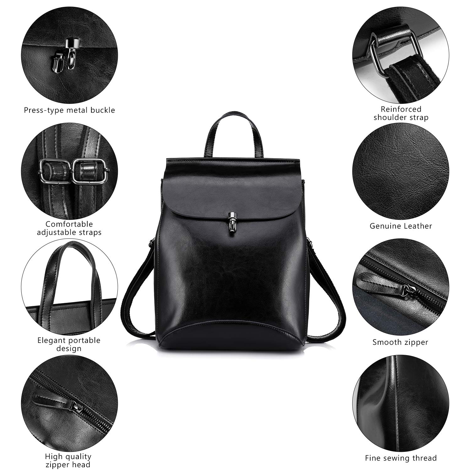 Realer Borse a Zainetto Casual Zaino Donna Pelle Vera Elegante Zaini da Donna Cuoio Borsa Daypack per Scuola Viaggio Lavoro Shopping Nero